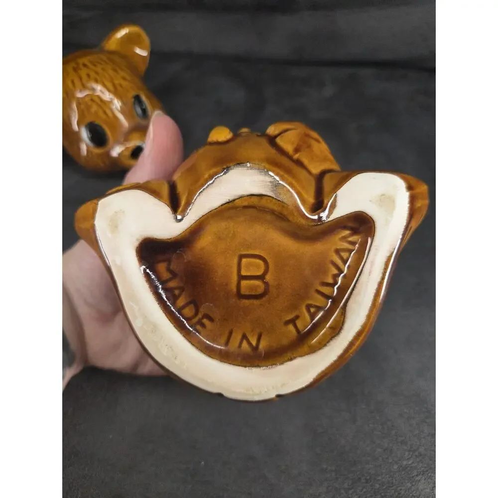 Vintage Ceramic Bear Honey Pot Jar Lid Made in Taiwan B Mark Kitsch 1980s Brown
